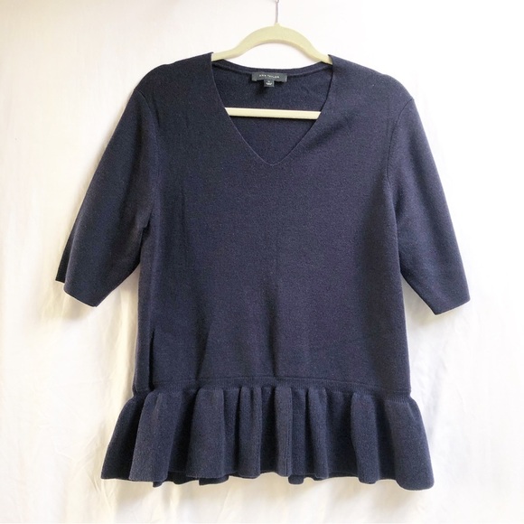 ANN TAYLOR | V-NECK WOOL BLEND SWEATER WITH PEPLUM HEM IN NAVY BLUE XL - Picture 1 of 5